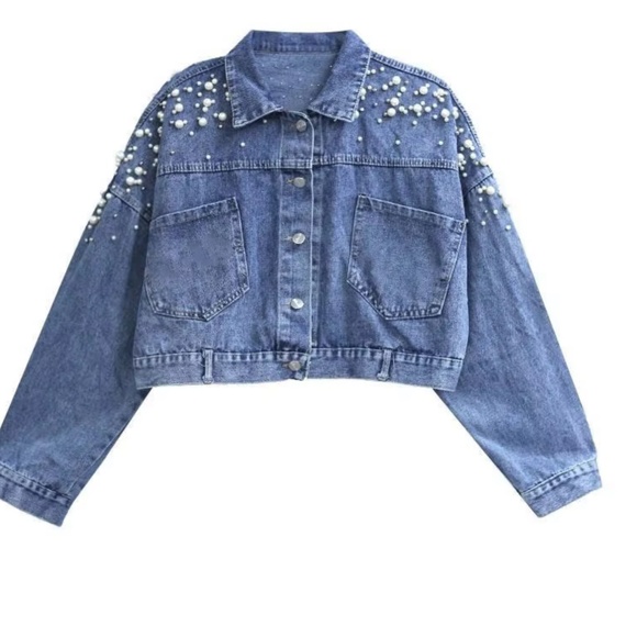 Medium Wash Faux pearl Button up Oversized Jean Denim jacket - Picture 8 of 8